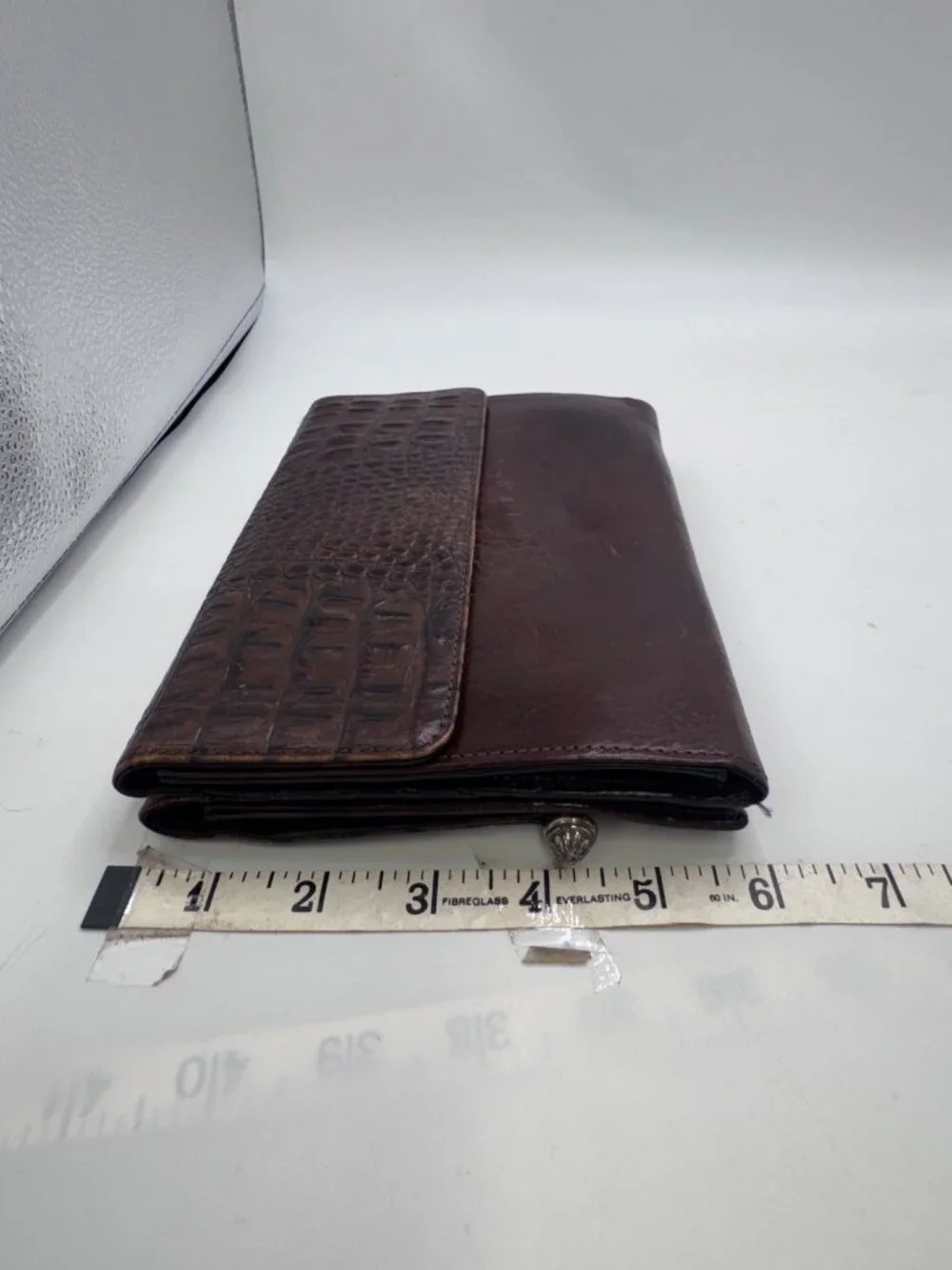 Vintage Brighton Brown Leather Crocodile Embossed Clutch Purse Wallet Silver Ton
